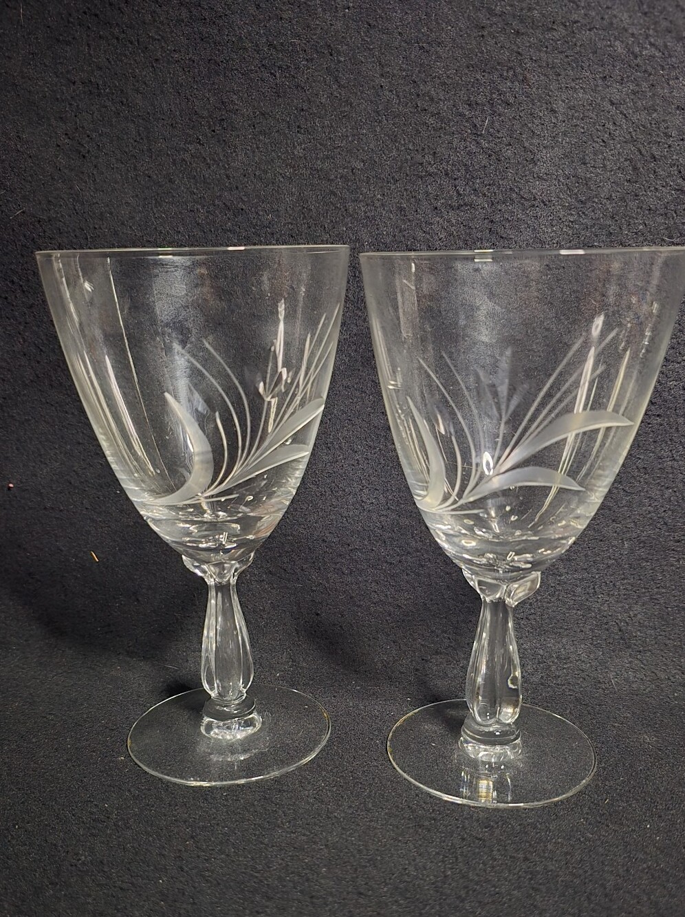 Vintage Clear Etched Floral Wine Glasses - Pair